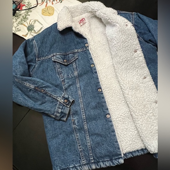 Levi’s MENS MEDIUM blue denim jacket wool/sherpa lining Made 🇺🇸 warm jean button - Picture 5 of 13